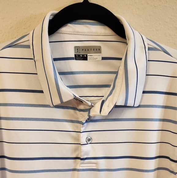 PGA Tour Men's Fine Line Print Short Sleeve Golf Polo Shirt Gray Blue Green - Picture 4 of 10